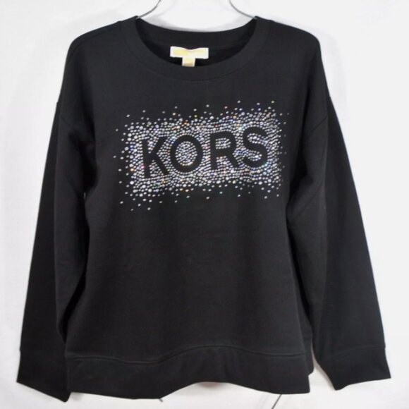 Michael Kors Women's Sweatshirt L Sparkling Logo Black Top Blouse - Picture 1 of 6